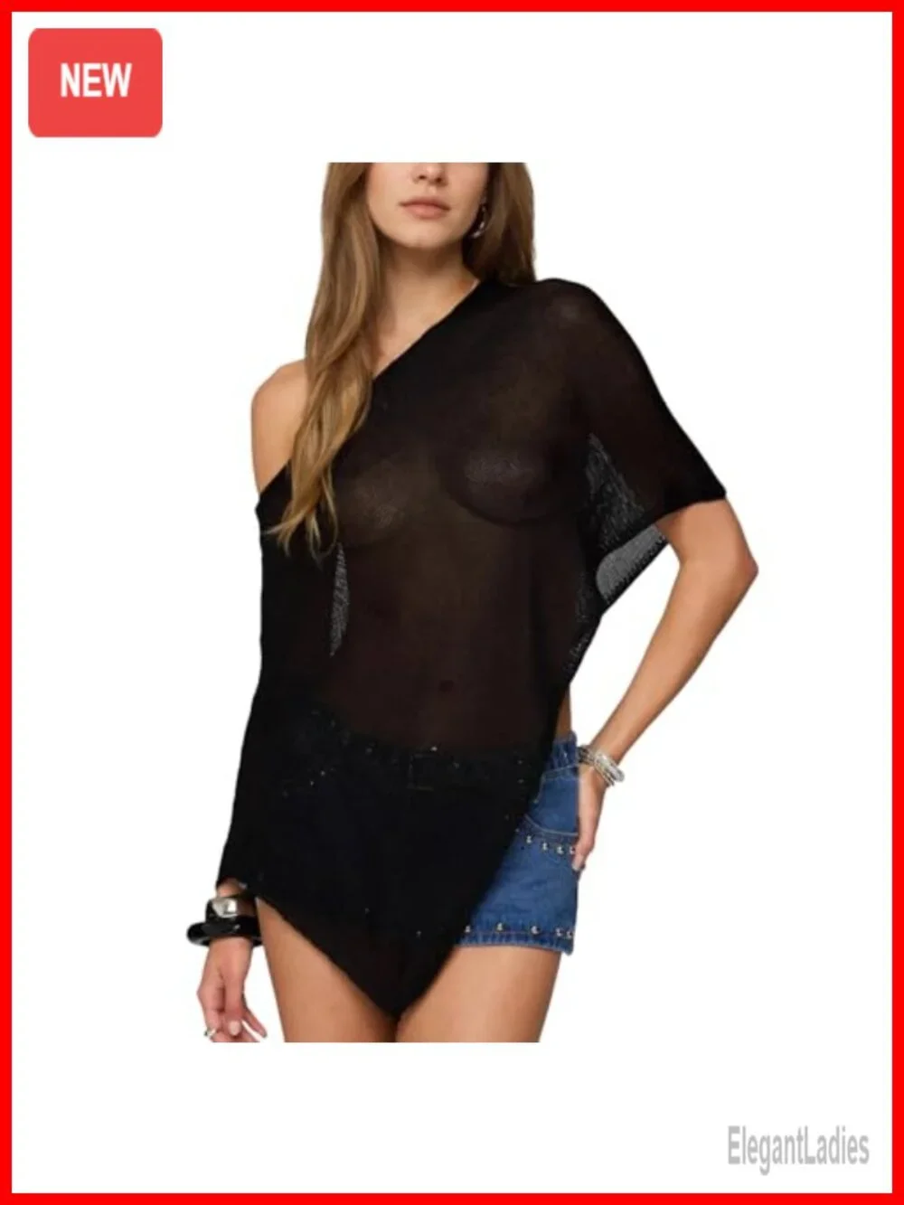 Sheer Mesh Asymmetric One Shoulder Knit Cover Up Sweater Beach Vacation Shrug